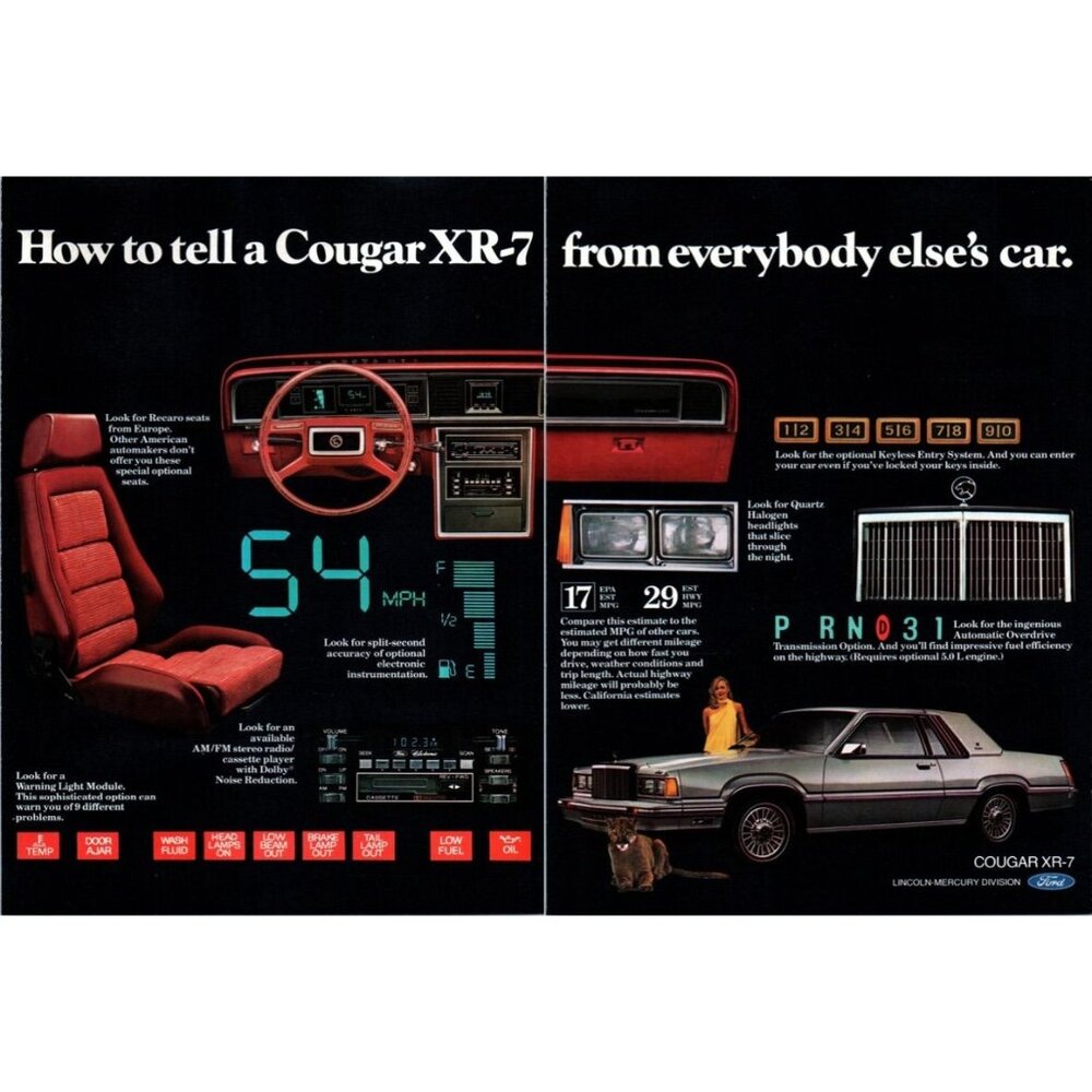 1980 Mercury Cougar XR-7 XR7 2pg Vintage Print Ad Electronic Dash 80s Wall Art